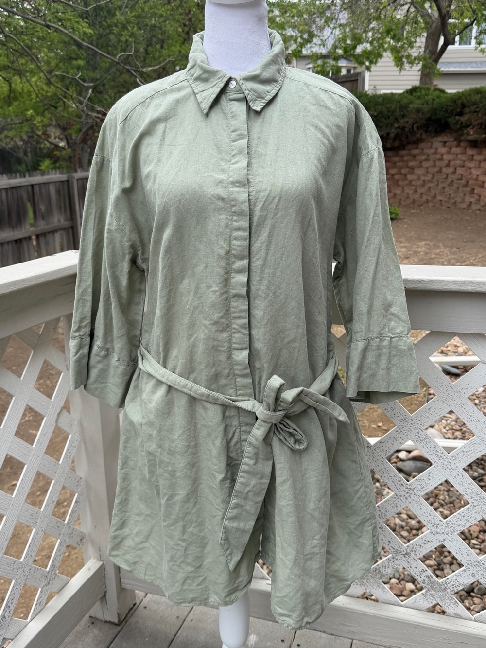 Zara Women Large Button Down Tortoise Shell Belted Linen Cotton Shirt Dress